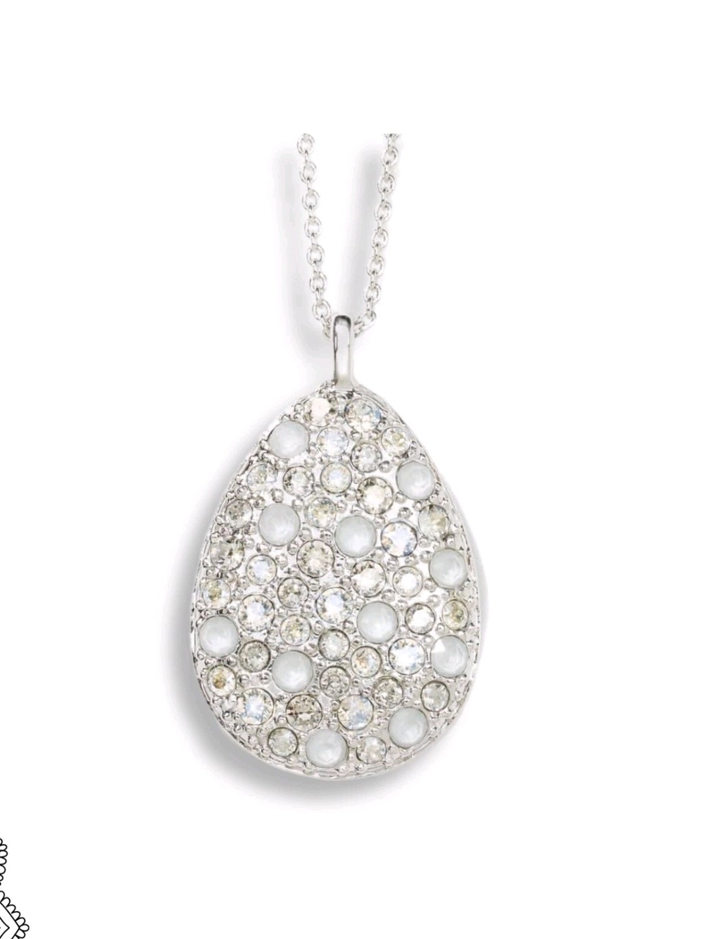 Touchstone Crystal Silver Teardrop Pendant with White and Opalescent Accents